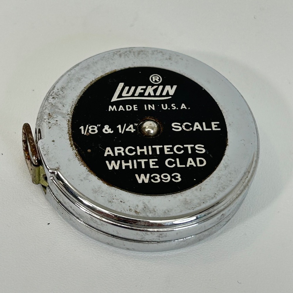 Vintage Lufkin W393 Architects White Clad Tape Measure 1/8 1/4 Scale USA Chrome
